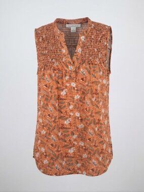Daniel Rainn Burnt Orange Floral Smocked Sleeveless Blouse Top Size L